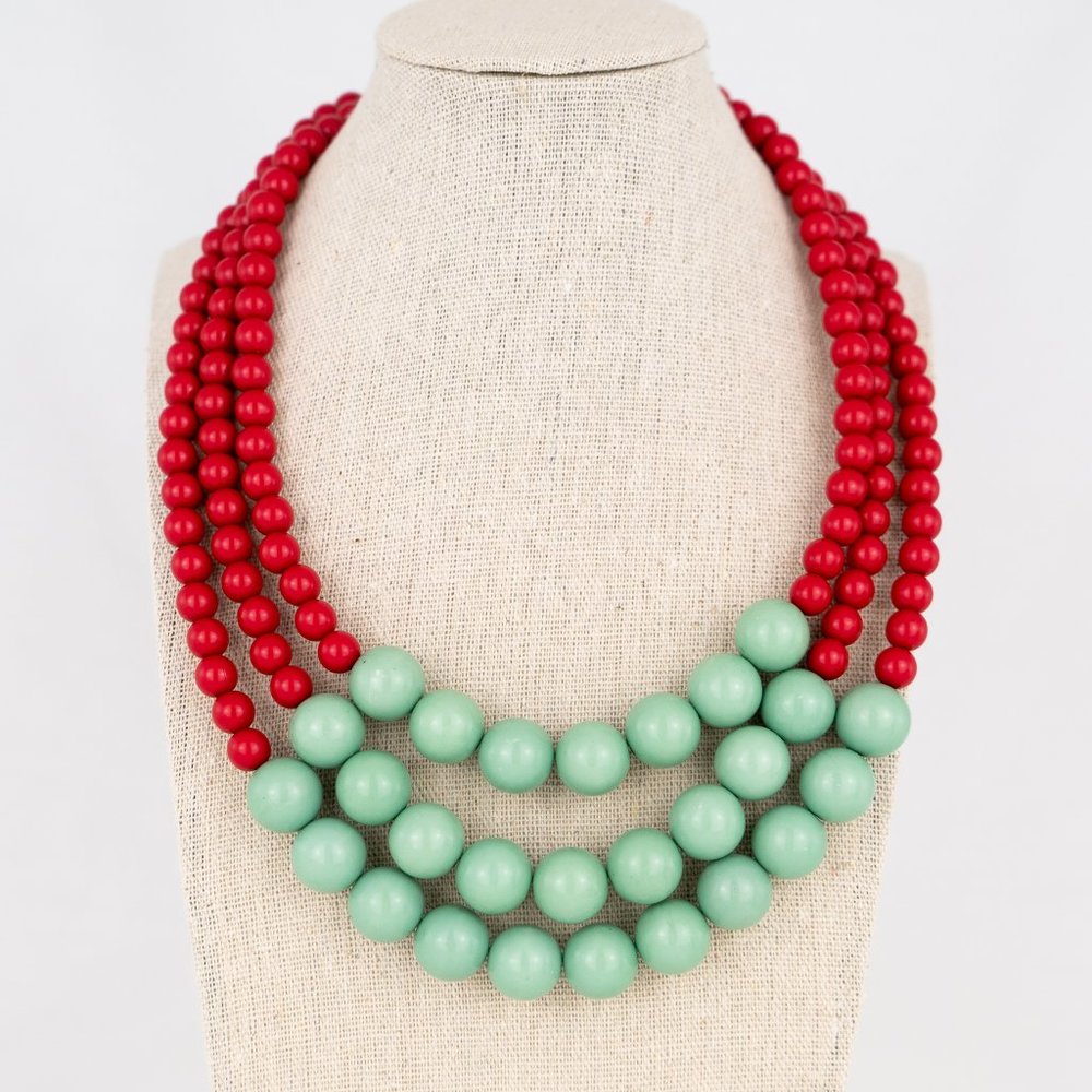 Jack E OHS NYC Multistrand Necklace Triple Red Turquoise Colored Plastic Beads